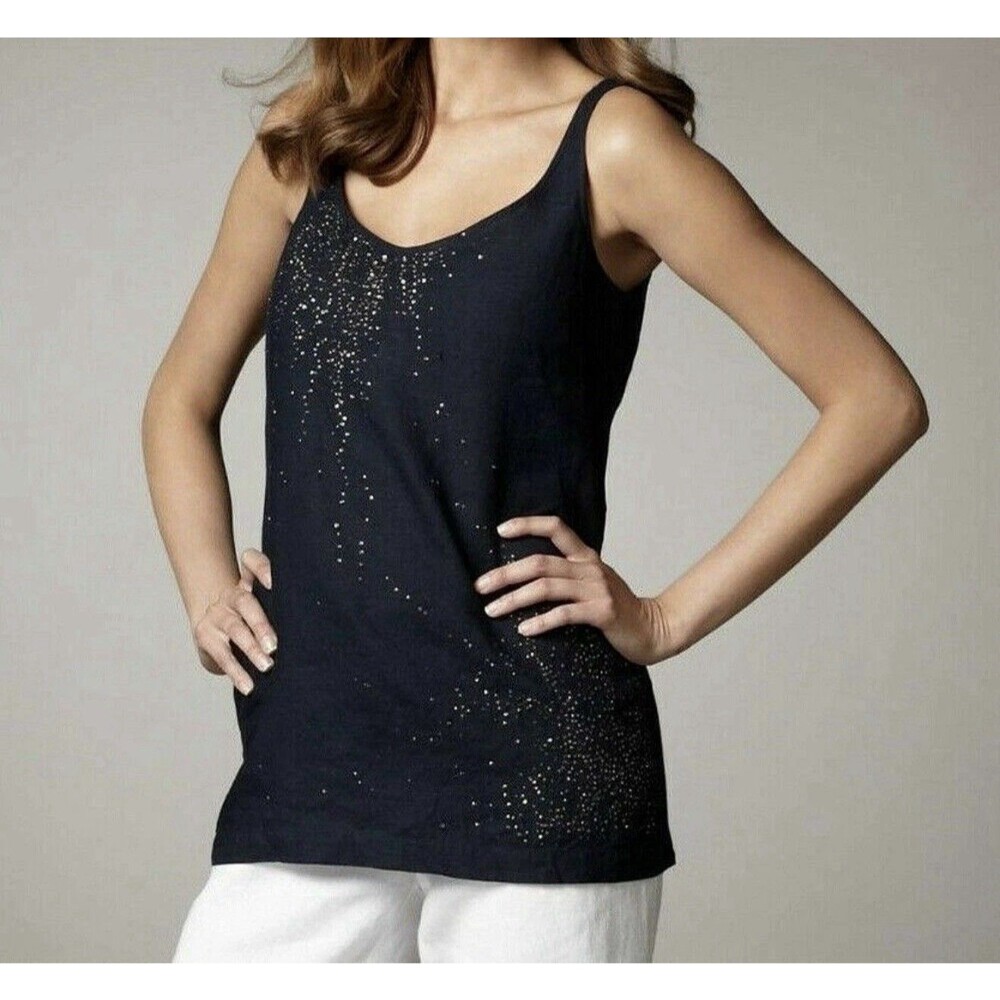 EILEEN FISHER Evening Blue Handkerchief Irish Linen Sequin Vneck Long TankTop 3X